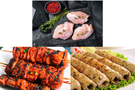 Combo Raw Kebabs and Chicken Boneless thighs ( 500g Chicken Boneless thighs    + 500g chicken tikka kebab + 500g Chicken Seekh kebab  )