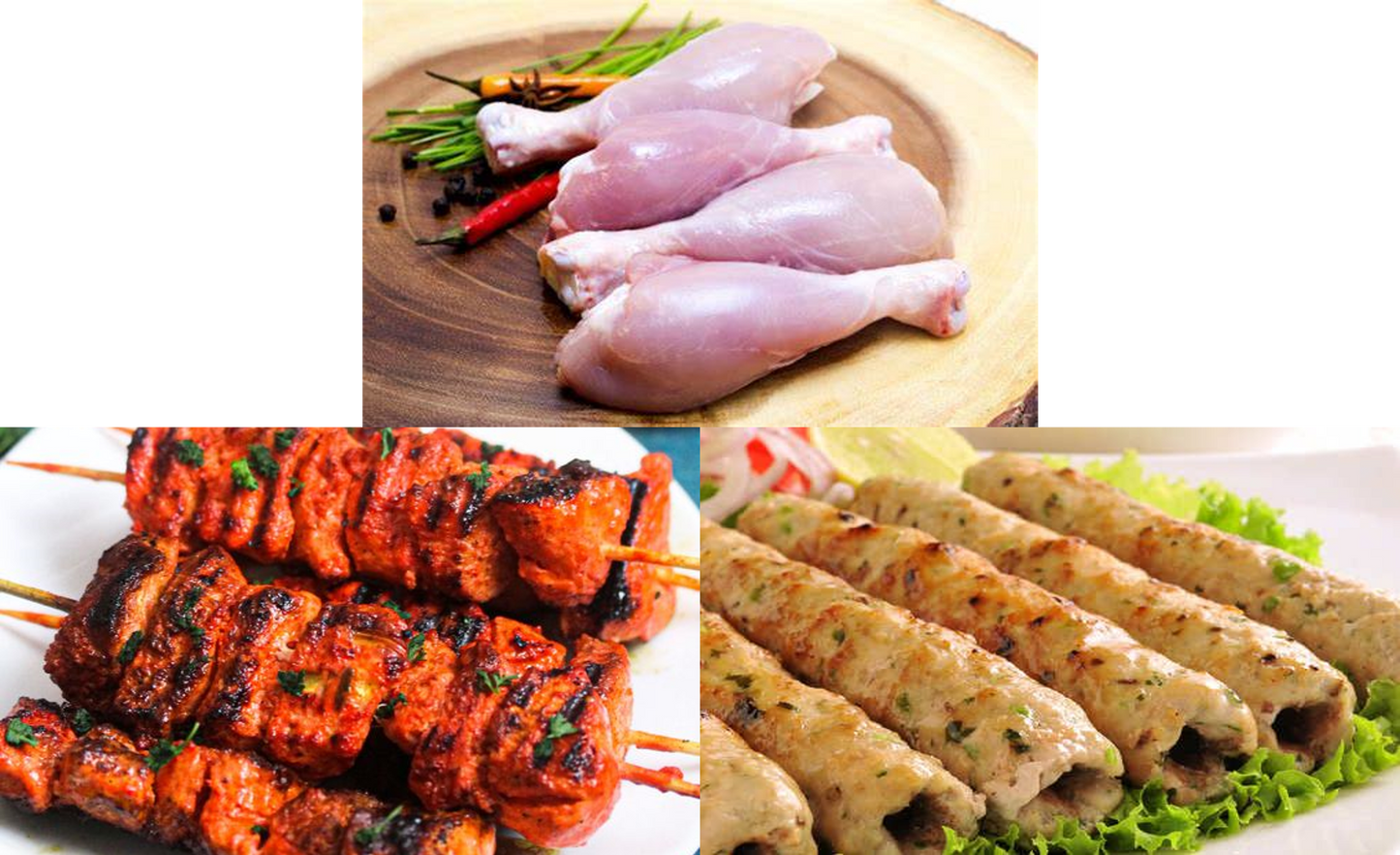 Combo Raw Kebabs and Chicken legs( 500g Chicken tangri/ legs  + 500g chicken tandoori tikka kebab + 500g Chicken Seekh kebab  )